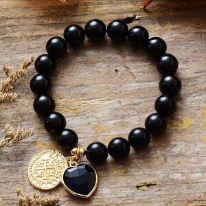 New Natural Black Onyx Beaded Stretch Bracelet Heart Coin Charm 18K Gold Plated